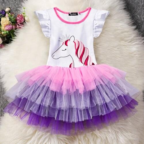 Baby Girl Dress Unicorn Gauze Princess Short-sleeved Dress Pettiskirt Children Clothes Summer Childrens Clothing