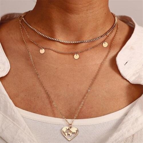 Creative Retro Small Circle Heart-Shaped Hollow Map Necklace Charming Female Gold Layered Necklace Jewelry Gifts for Women