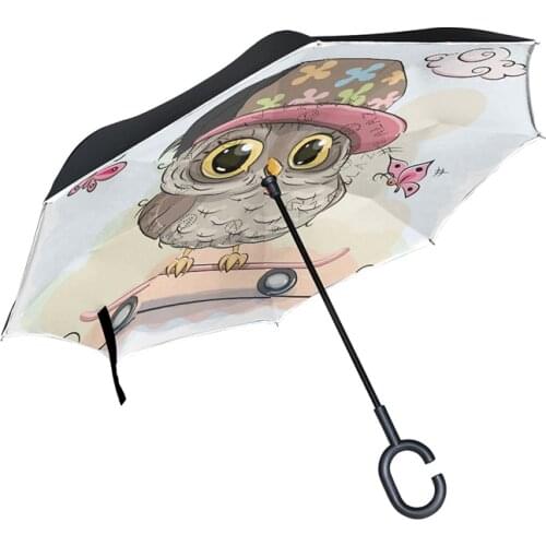 Cute Owl on a Skateboard Reverse Folding Double Layer Inverted Umbrella Self Stand Inside Out Long C-Hook Hands for Car