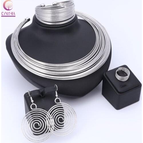 Fashion Multilayer Choker Accessories Jewelry Sets Necklace Earrings Bracelet Ring Set For Women silve color Bridal Jewelry Sets