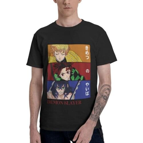 Mens Tanjiro Zenitsu And Inosuke Anime T-Shirt Funny Kimetsu No Yaiba Harajuku Tshirt Short Sleeve T Shirt 100% Cotton Tee Tops