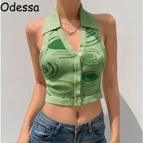 Odessa Green Y2K Printed Knitted Halter Tank Crop Top Sexy Sleeveless Backless Women Buttons Aesthetic Summer Cropped Shirt 2021