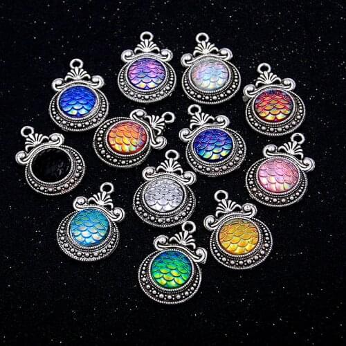 10PCS 19X27mm 12 Color Charms Fish Scales Round Base Setting Gradual Scale DIY Jewelry Metal Alloy Handwork Marking