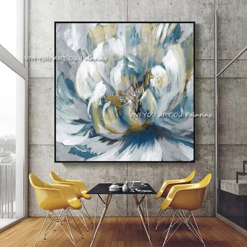 Handmade White Blue Flower Oil Painting Poster Personality Fashion Abstract Canvas Art Wall Picture Modern Living Room Decor