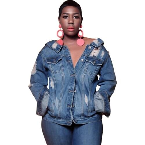 Plus Size Ripped Denim Jacket Women Streetwear Back Zipper Jean Jacket Long Sleeve Coat Turn-Down Collar Outwear Femal