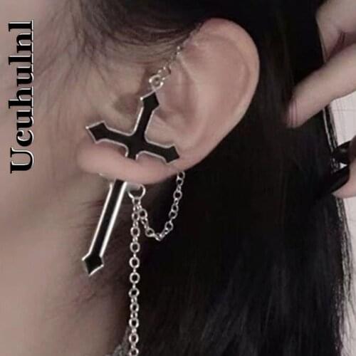 Ucuhulnl Gothic Black Crossing Stud Earring Women Punk Chain Earring Accessory
