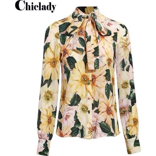 CHICLADY summer holiday blouse long sleeve bow collar lace up flower printed chiffon casual elagant tops women lady shirt spring
