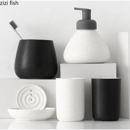 Mixed Colors Ceramic Bathroom Accessories Set Portable Soap Dispenser Toothbrush Holder Mouth Cup Lotion Bottle Bath Supplies