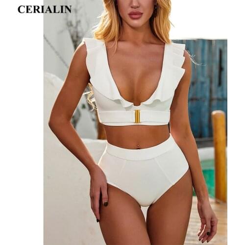 Ruffled Sexy Bikini Metal Button Swimming Suit Low Cut Solid White Swimwear Two Piece High Quality Swimsuit Women Beachwear New
