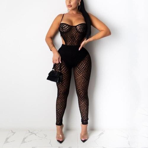 Sexy Transparent Jumpsuits Mesh Patchwork Spaghetti Strap Strapless See Through Skinny Evening Night Club Rompers & Jumpsuits
