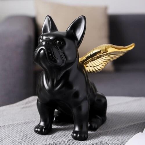 FRENCH BULLDOG STATUE ANIMALS GOLDEN WINGS BLACK DOG ART SCULPTURE CERAMICS CRAFT NORDIC MODERN HOME DECOR ORNAMENT R4312