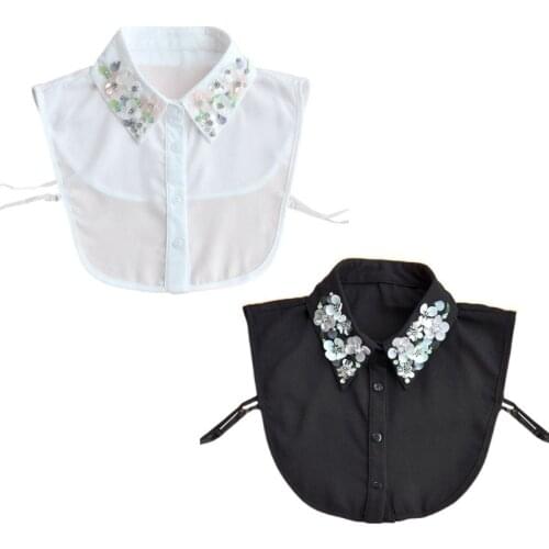 Womens Detachable Blouse False Collar Handmade Beading Rhinestone Sequins Flower Lapel Adjustable Half-Shirt Necklace A0NF