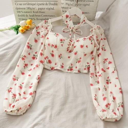 2021 Summer New Arrival Women Chiffon Blouses Vintage Print Square Collar Long Sleeve Shirts Beach Style Crop Blusas