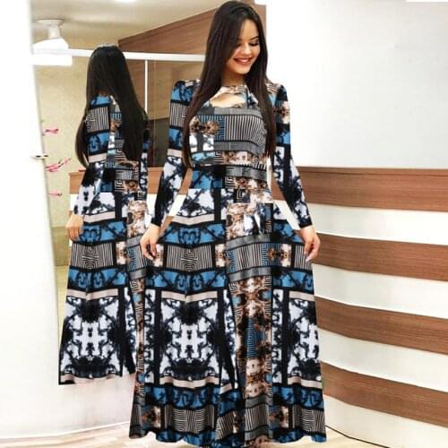 Women Plaid Dot Floral Print Hollow Out Long Sleeve Maxi Dress Spring Autumn Long Sleeve Casual Slim Hihg Waist Robe Long Dress