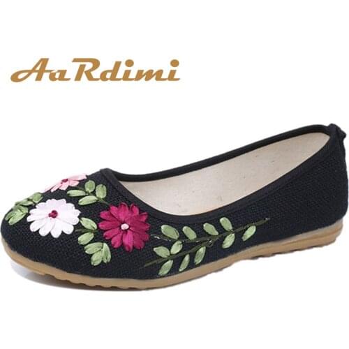 AARDIMI Women Canvas Shoes Embroidered Ballet Flats Women Loafers Ballerina Flat Shoes Vintage Single Mother Casual Shoes