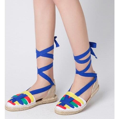 Womens hemp sole lace-up flats sandals multicolor riband cross strap summer sandalias leisure espadrilles comfort comfort shoes