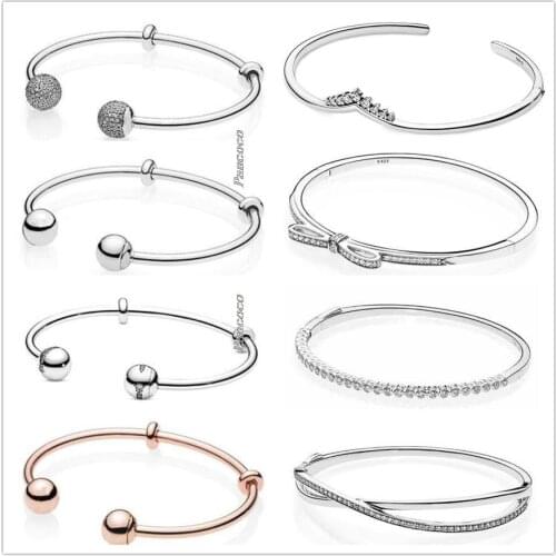 Original 925 Sterling Silver Moments Rose Gold Open With Signature Caps Bracelet Bangle Fit Women Bead Charm Fashion Jewelry