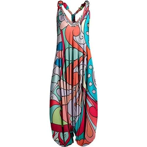 2021 Summer V Neck Abstract Art Racerback Harem Jumpsuit Spaghetti Fashion Vintage Overall Straps Long Jumpsuit Trousers