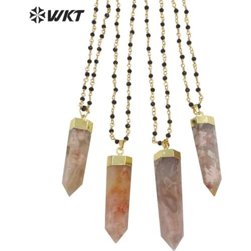 WT-N1294 New Amazing long Spirit point Natural Cherry Agate Pendant necklace fashion gold black rosary beads stone necklace