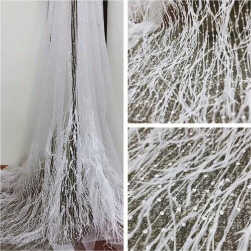 1 Yard Off White 3D Lace Fabric With Ostrich Feather, French Heavy Bead Lace Fabric For Haute Couture Dress