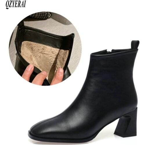 New winter 100% genuine leather ankle Women boots Short boots High heels Chelsea Female boots Women shoes cowhide Size 34-43