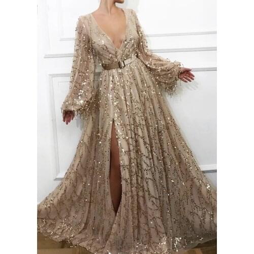 2021 Fashion Sequins Lace Dubai Saudi Arabic Prom Gowns Long Sleeves Formal Party Sexy Slit Gold Evening Dresses فساتين السهرة