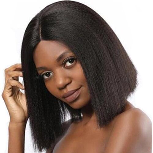 Afro Kinky Straight Bob Wigs With Middle Hairline Synthetic High Temperature Fiber Hair Yaki Straight Bob Wigs For Black Women