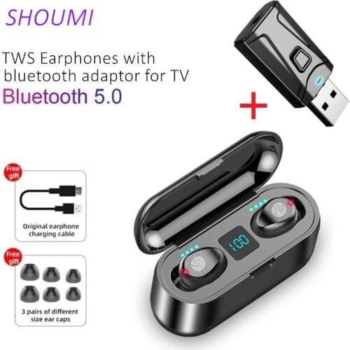 F9-2 Wireless TWS Earphone Bluetooth Earbuds Waterproof Ture TWS Sports Headset Bluetooth TV Adaptor with Mic Use For TV PC Car