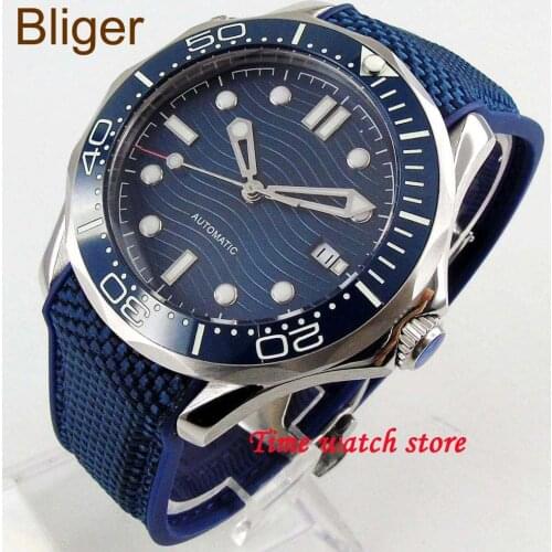 Bliger 41mm Miyota 8215 automatic watch men waterproof canvas rubber blue dial luminous sapphire glass Ceramic Bezel 212