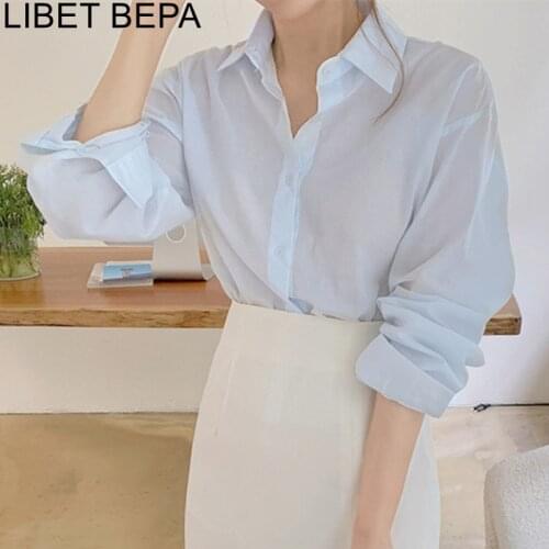 New 2021 Spring Summer Womens Blouses Fashionable Elegant Office Lady Buttons Oversize Korean Style Wild Shirts Tops BL3528
