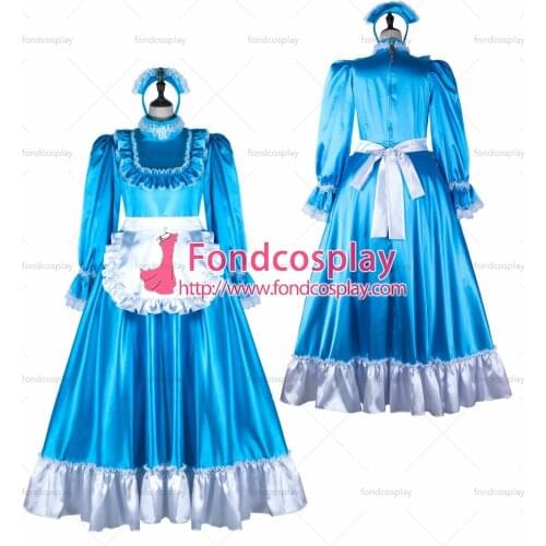 Fondcosplay adult sexy cross dressing sissy maid long blue satin dress white apron lockable Uniform costume Tailor-made[G2365]