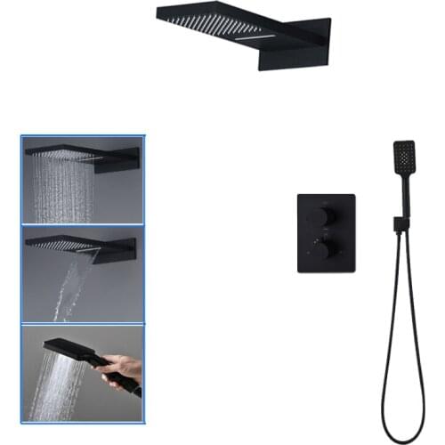 Bathroom Black Shower Set Wall Mount Rainfall Waterfall Shower Head 3-Way Brass Thermostatic Mixer Valve Shower Faucets Tap