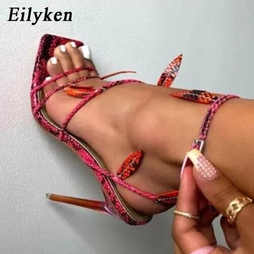 Eilyken Women Summer Party Red snake Sandals Shoes Fashion Square Toe Ankle Buckle Strap Dress Sandals Stiletto Heels shoes
