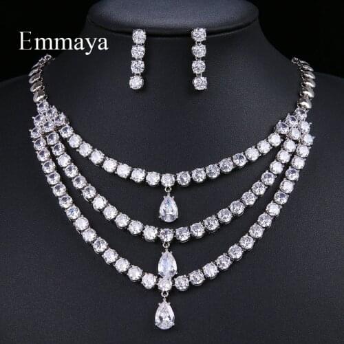 Emmaya Women Teardrop Luxury White Zircon necklace pendant Set banquet Earrings Gift accessory gift