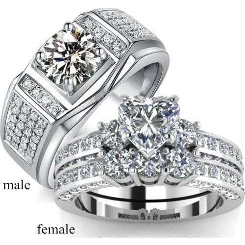 Classic White Gold Wedding Rings Set Heart Shape Zircon Rings for Couple Wedding Band Engagement Ring Silver Color Rings Jewelry