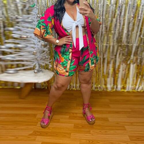 Echoine 3 Piece Set Florla Print Short Sleeve Outwear White Tank Top Crop Top Shorts Set Club Party Outfits