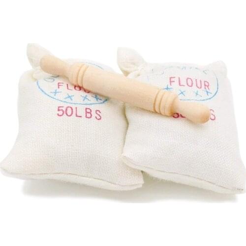 Odoria 1:12 Miniature 2 Bags of Flour and 1 Rolling Pin Set Mini Simulation Model Dollhouse Kitchen Accessories Doll House Decor