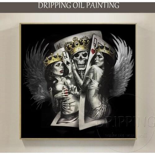 Fashion Wall Art Hand-painted Modern Portrait King and Queen Oil Painting on Canvas Special Figure Poker Skull King Oil Painting