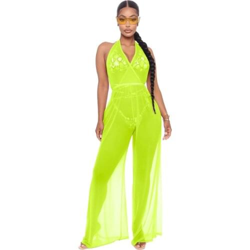 Fashion Sexy Balckless See Through Bandage Plicing Rompers Summer Breathable V-neck Loose Pants Jumpsuit Loungewear Playsuit