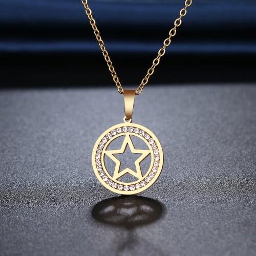 CACANA 316L Stainless Steel Hollow Five-Pointed Star Necklace NEW Crystal Rhinestone Necklaces For Women Wedding Valentines Day
