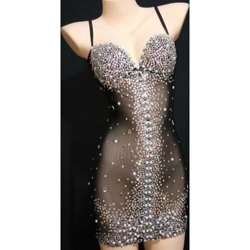 Women Black Slim Spaghetti Strap Strapless Short Dress Colour Rhinestones Perspective Female Nightclub DJ Dance Performance Wear