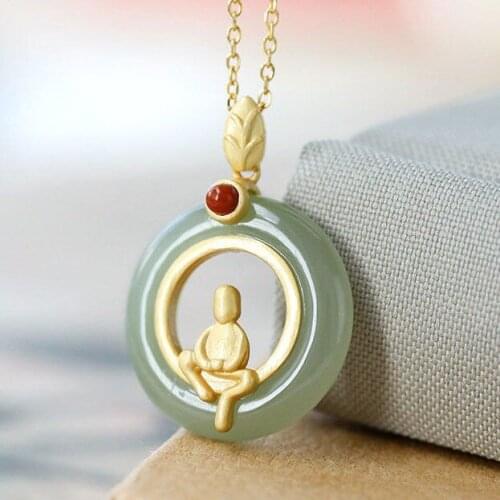 Silver inlaid natural Jasper Pendant Necklace Chinese style retro Buddha national style elegant charm womens brand jewelry