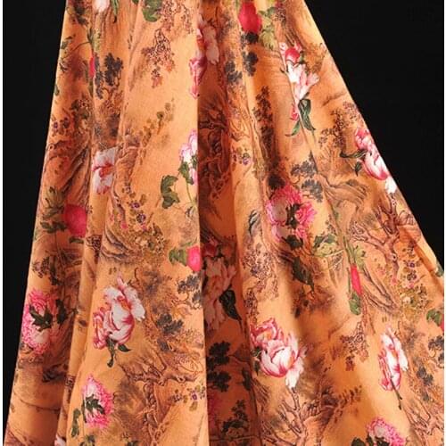 130CM Wide 35MM Chinese Painting Print Orange Silk Linen Fabric for Summer Spring Jacket Dress Shirt Clothes J210