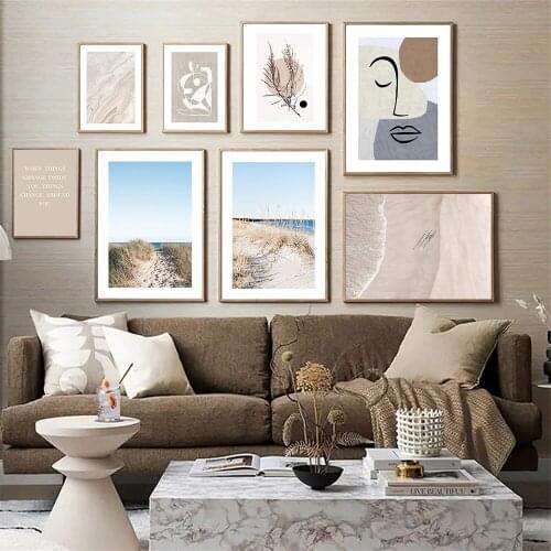 Calm Beach Wave Canvas Posters Seaside Sand Grass Painting Abstract Face Line Wall Art Print Nordic Pictures Living Room Decor