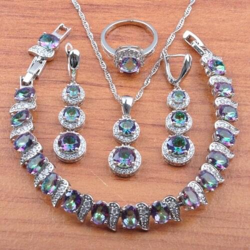 Suprise Rainbow Zirconia Silver Color Jewelry Set For Women Earrings Necklace Pendant Rings Bracelet Set Hot Sale JS0495