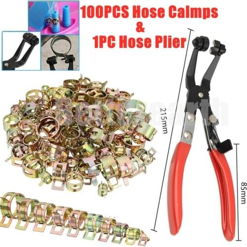 100PCS 6-20mm Car & Truck Spring Clips Fuel Oil Water Hose Clip Pipe Tube Clamp Fastener + 1PC Hose Clamp Pliers