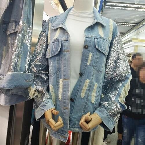 2021 Fashion The New Heavy Work Hole Sequin Loose Denim Jacket Free Shipping