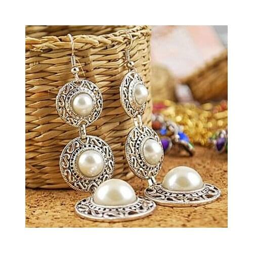 2019 Vintage Pearl Drop Earring For Women Ancient Sliver Color Long Pendant Dangle Earring Statement Ear Jewelry Exquisite Gift