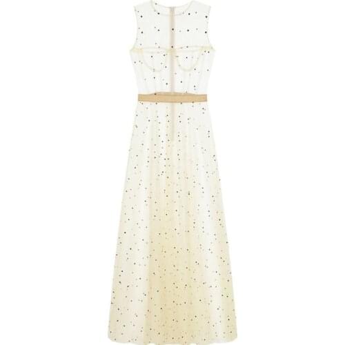 Spring autumn Women Nude Mesh Dress Lady Sleeveless O-neck Womens Diamonds Sequined Dresses