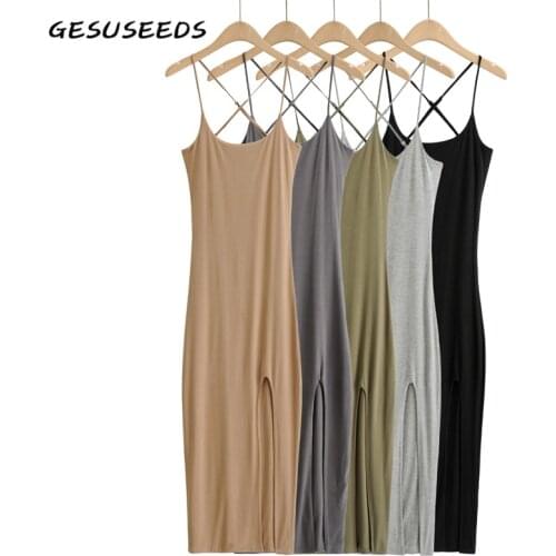 Summer spaghetti strap dress elegant sexy dresses for women party dress u neck midi dresses solid split dress backless vestidos